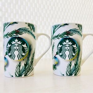 Pair (2) Starbucks 2020 Christmas Coffee Mugs Green Pine Tree Branches 11oz